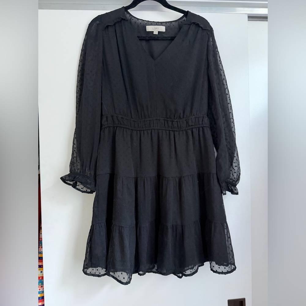 LOFT Black Tiered Swiss Dot Long Sleeve Dress